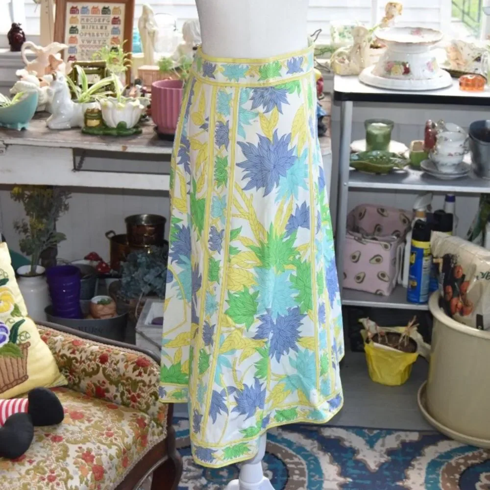 Vintage 1960s Emilio Pucci Fabric Skirt 70s Floral Border Print Italy Waist 32